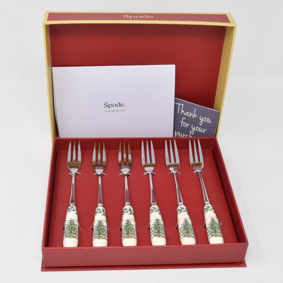 Spode Christmas Tree Pastry Forks 1 set of 6 New Holiday Festive Dinner Party - Picture 2 of 10